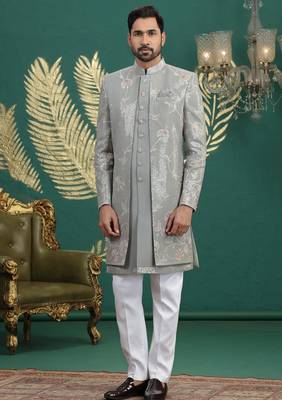 green computer thread work on art silk 3 peice indo western set for men  2