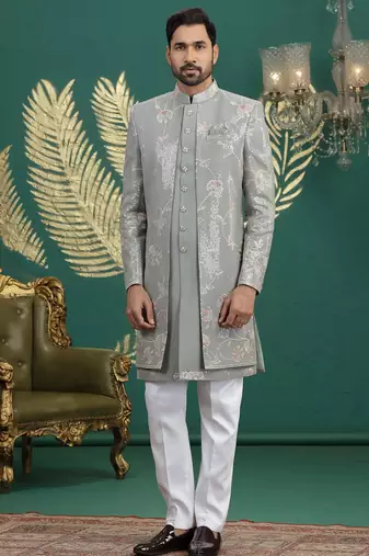 green computer thread work on art silk 3 peice indo western set for men 