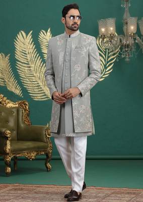 green computer thread work on art silk 3 peice indo western set for men  3