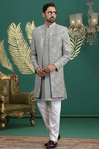 green computer thread work on art silk 3 peice indo western set for men 