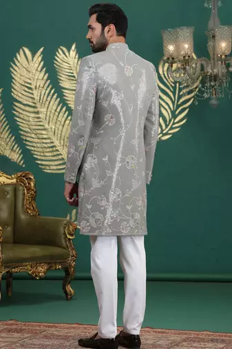 green computer thread work on art silk 3 peice indo western set for men 