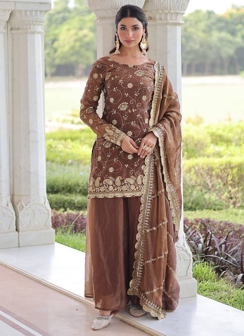 Brown Fandy Embroidered Kurta Sharara Set