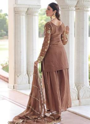 Brown Fandy Embroidered Kurta Sharara Set 3