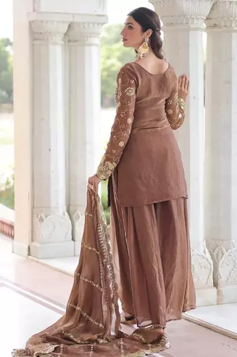 Brown Fandy Embroidered Kurta Sharara Set
