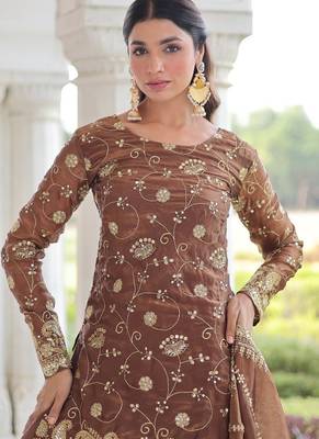 Brown Fandy Embroidered Kurta Sharara Set 4