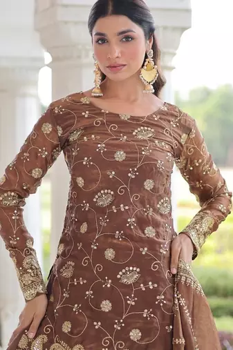 Brown Fandy Embroidered Kurta Sharara Set