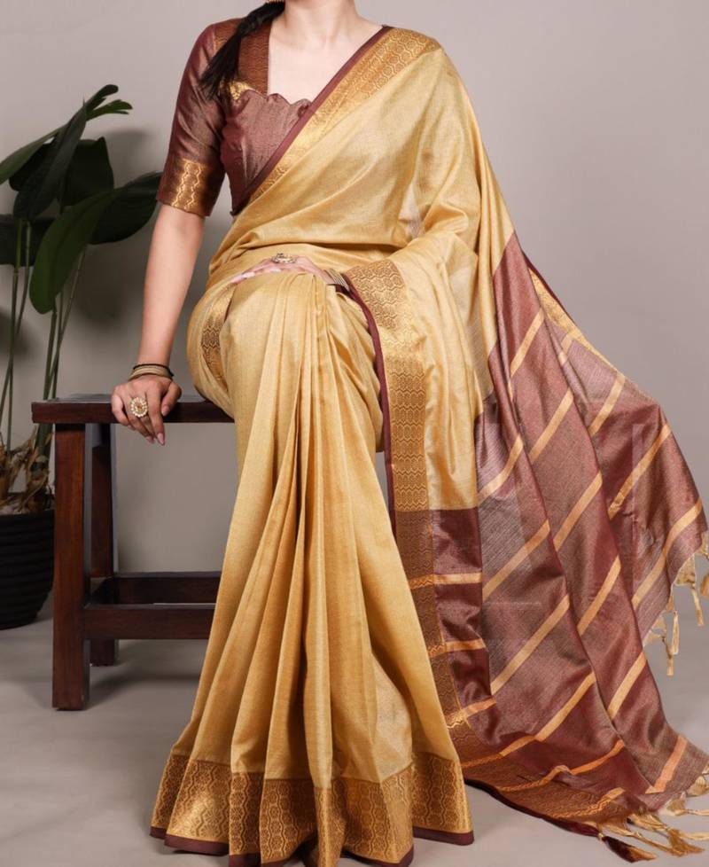 Art silk golden saree with contrast pallu