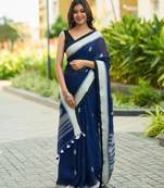 Teal blue cotton saree with contrast boarder and pallu