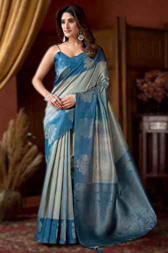 sky blue gobuni prijam kota silk blend saree     6 pc elegant set