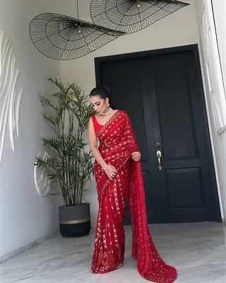 red georgette saree with sequin work 1