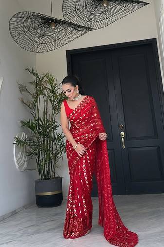 New Georgette Seqwance work Red Color Women's Saree With Blouse Set