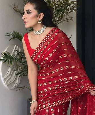 red georgette saree with sequin work 2