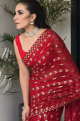 red georgette saree with sequin work