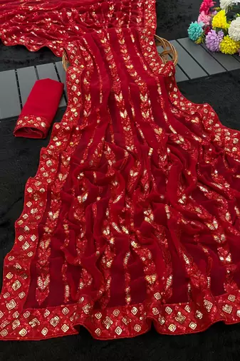 red georgette saree with sequin work