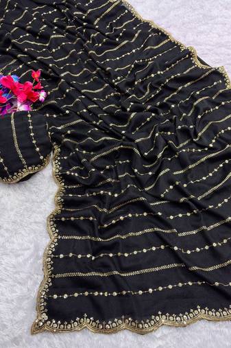 Star Georgette Black Color Sequence Work Saree With Blouse For Women's