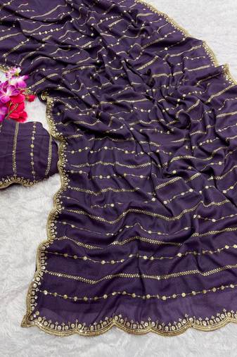 New Star Georgette Beautiful Sequence Work Purple Saree With Blouse Set For Women's