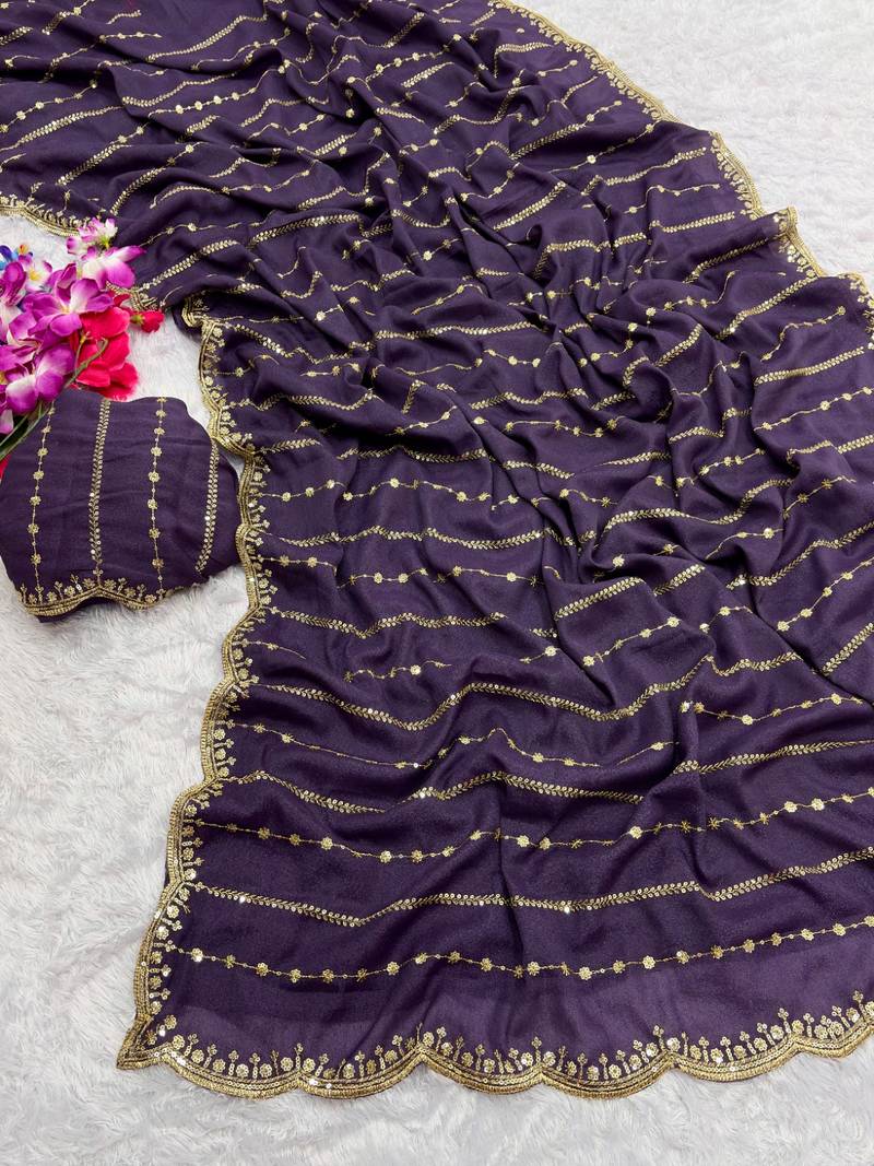 New Star Georgette Beautiful Sequence Work Purple Saree With Blouse Set For Women's