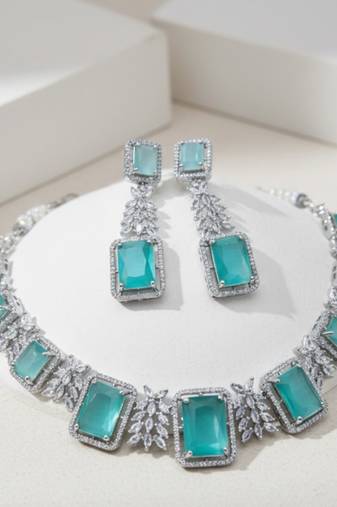 Zaveri pearls silver-plated sea green stone-studded jewellery set