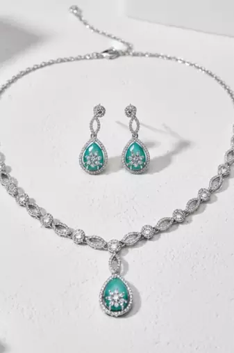 Silver-plated sea green teardrop stone-studded jewellery set