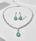 Silver-plated sea green teardrop stone-studded jewellery set