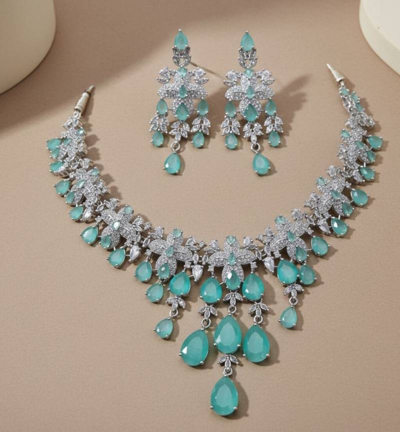 Silver-plated mint green stone-studded jewellery set with earrings