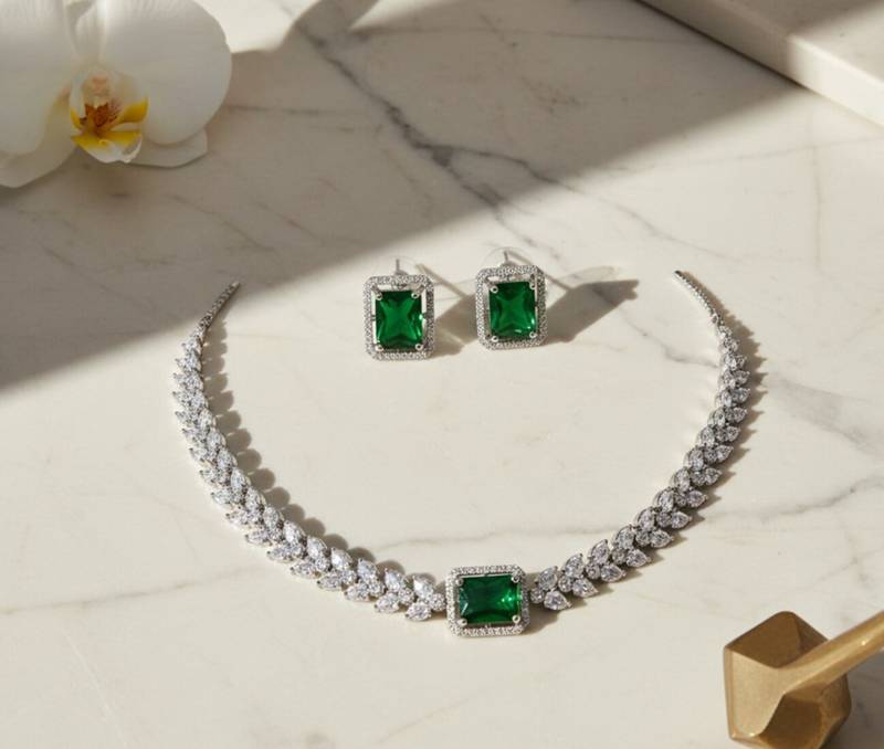 Silver-plated mint green jewellery set