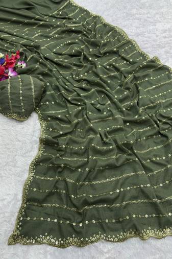 New Star Georgette Beautiful Sequence Work Green Saree With Blouse Set For Women's