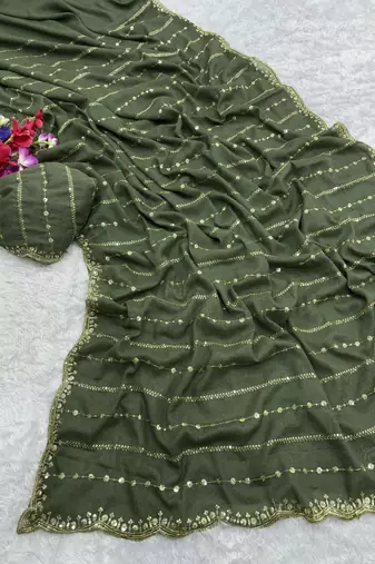 New Star Georgette Beautiful Sequence Work Green Saree With Blouse Set For Women's