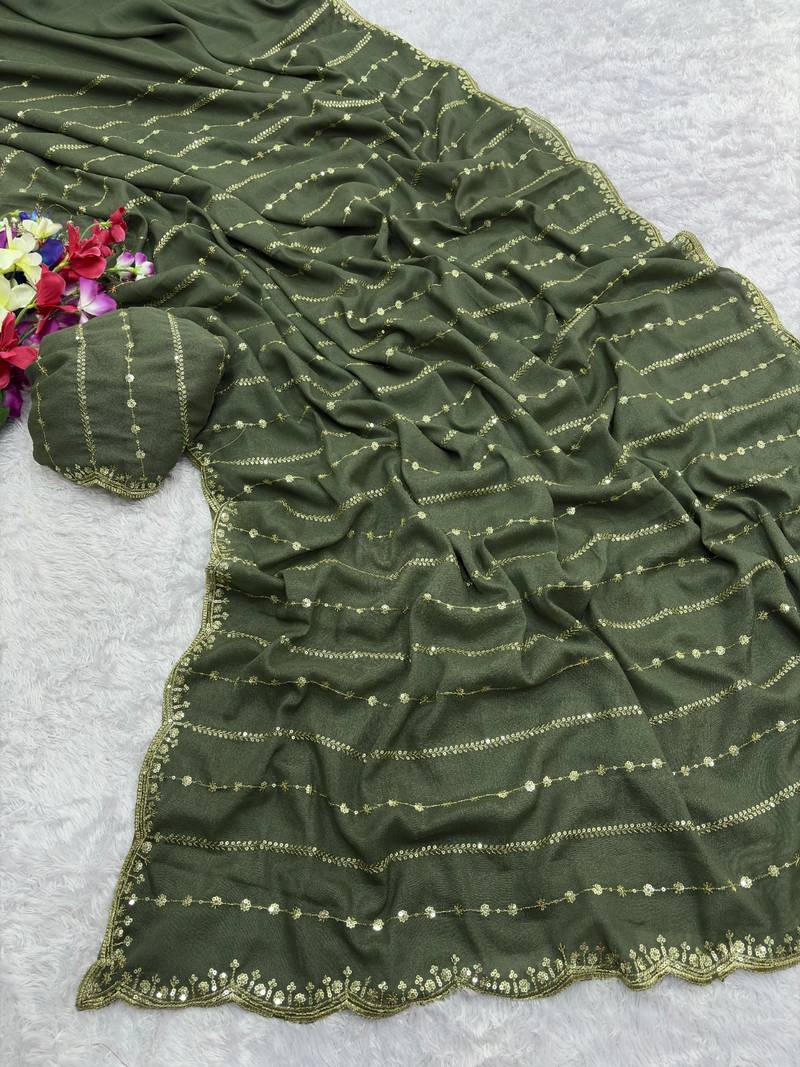 New Star Georgette Beautiful Sequence Work Green Saree With Blouse Set For Women's