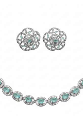 Silver-plated mint green emerald-cut stone-studded jewellery set