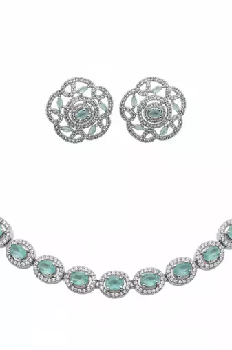 Silver-plated mint green emerald-cut stone-studded jewellery set