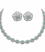Silver-plated mint green emerald-cut stone-studded jewellery set