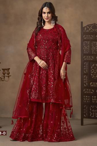 Red embroidered Sharara suit