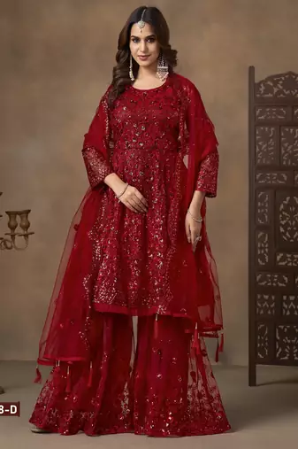Red embroidered Sharara suit