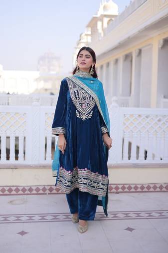 Rama Velvet Embroidered Kurta Sharara Set