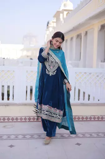 Rama Velvet Embroidered Kurta Sharara Set