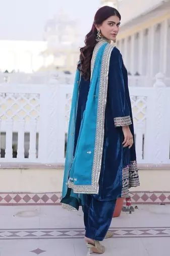 Rama Velvet Embroidered Kurta Sharara Set
