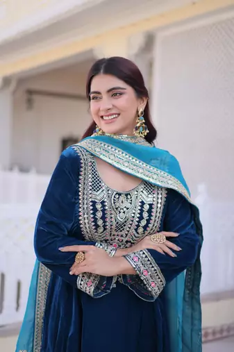Rama Velvet Embroidered Kurta Sharara Set