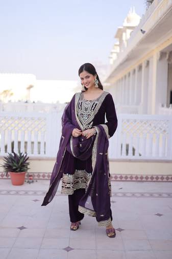 Wine Velvet Embroidered Kurta Set