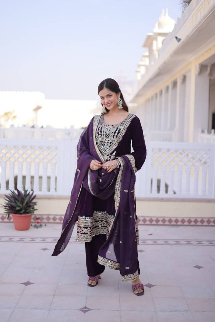 Wine Velvet Embroidered Kurta Set