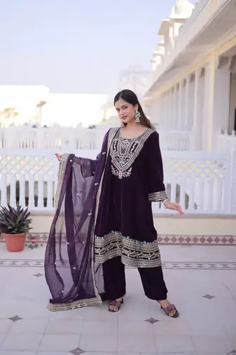 Wine Velvet Embroidered Kurta Set