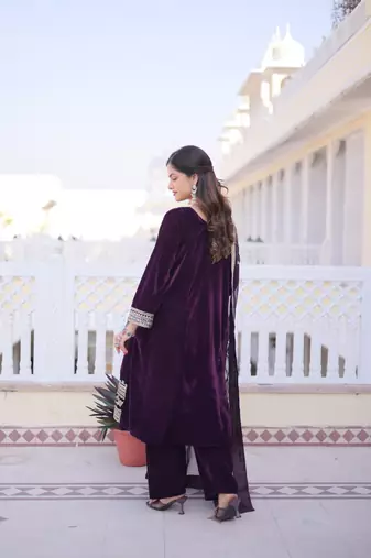 Wine Velvet Embroidered Kurta Set