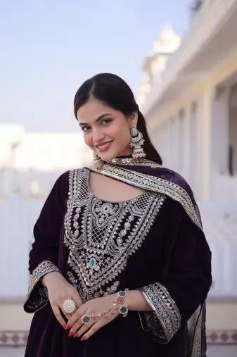 Wine Velvet Embroidered Kurta Set