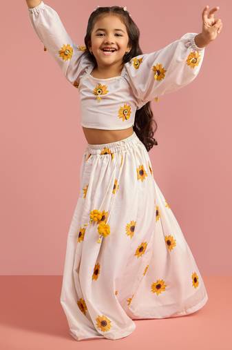 girls white poly muslin digital floral print lehenga choli set 