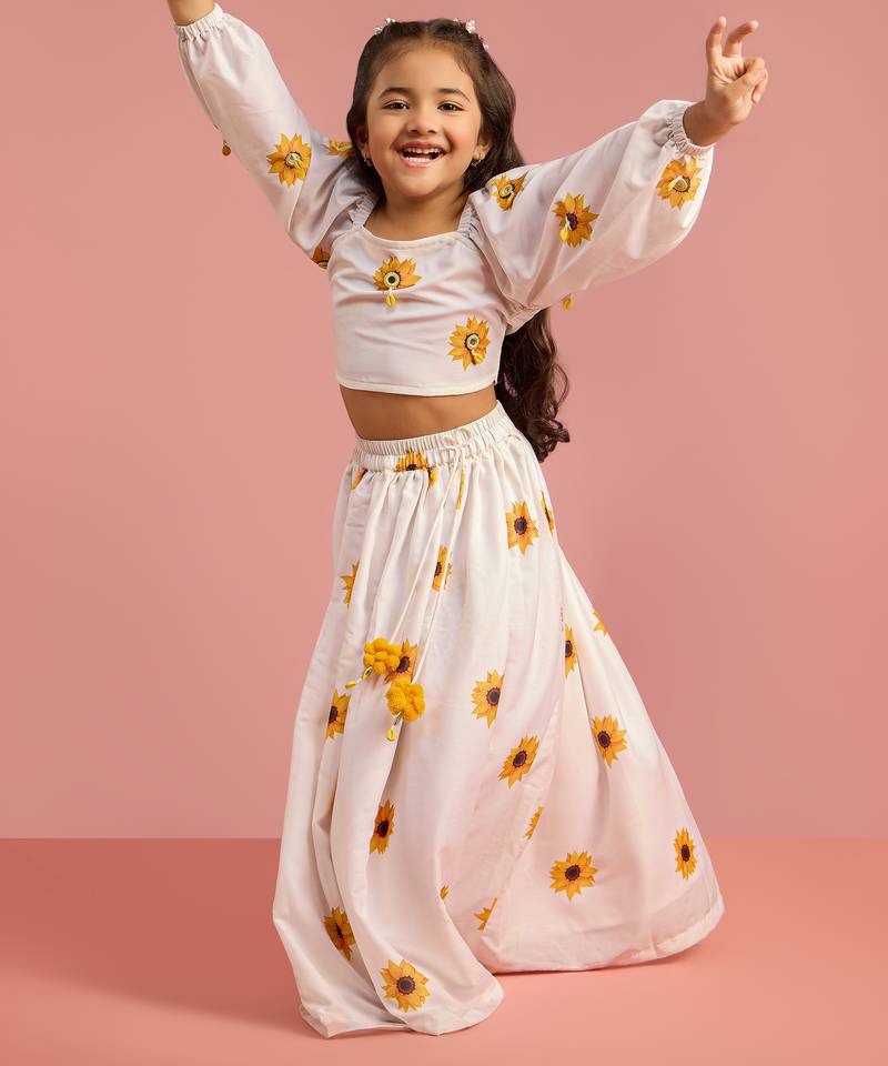girls white poly muslin digital floral print lehenga choli set 