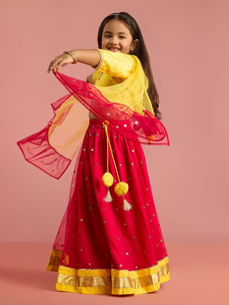  girls net fabric floral foil print cropped top with flared lehenga ethnic set 