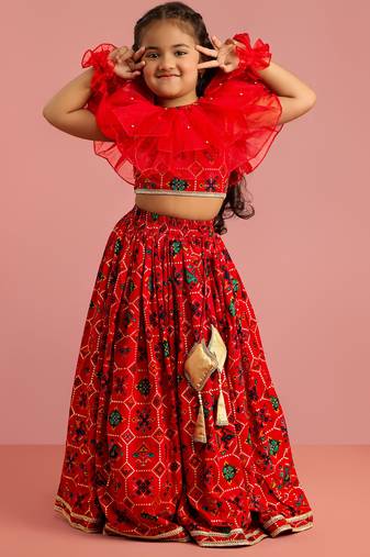 red patola print rayon lehenga choli set with accessories & ruffled hand gloves