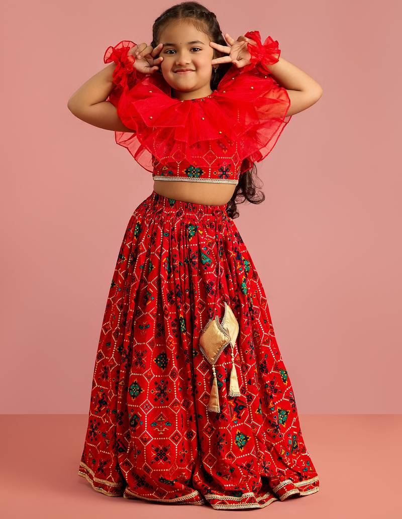 red patola print rayon lehenga choli set with accessories & ruffled hand gloves