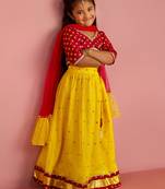  girls net fabric floral foil print cropped top with flared lehenga ethnic set     falsa & yellow for kids