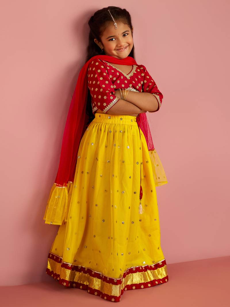  girls net fabric floral foil print cropped top with flared lehenga ethnic set – falsa & yellow for kids
